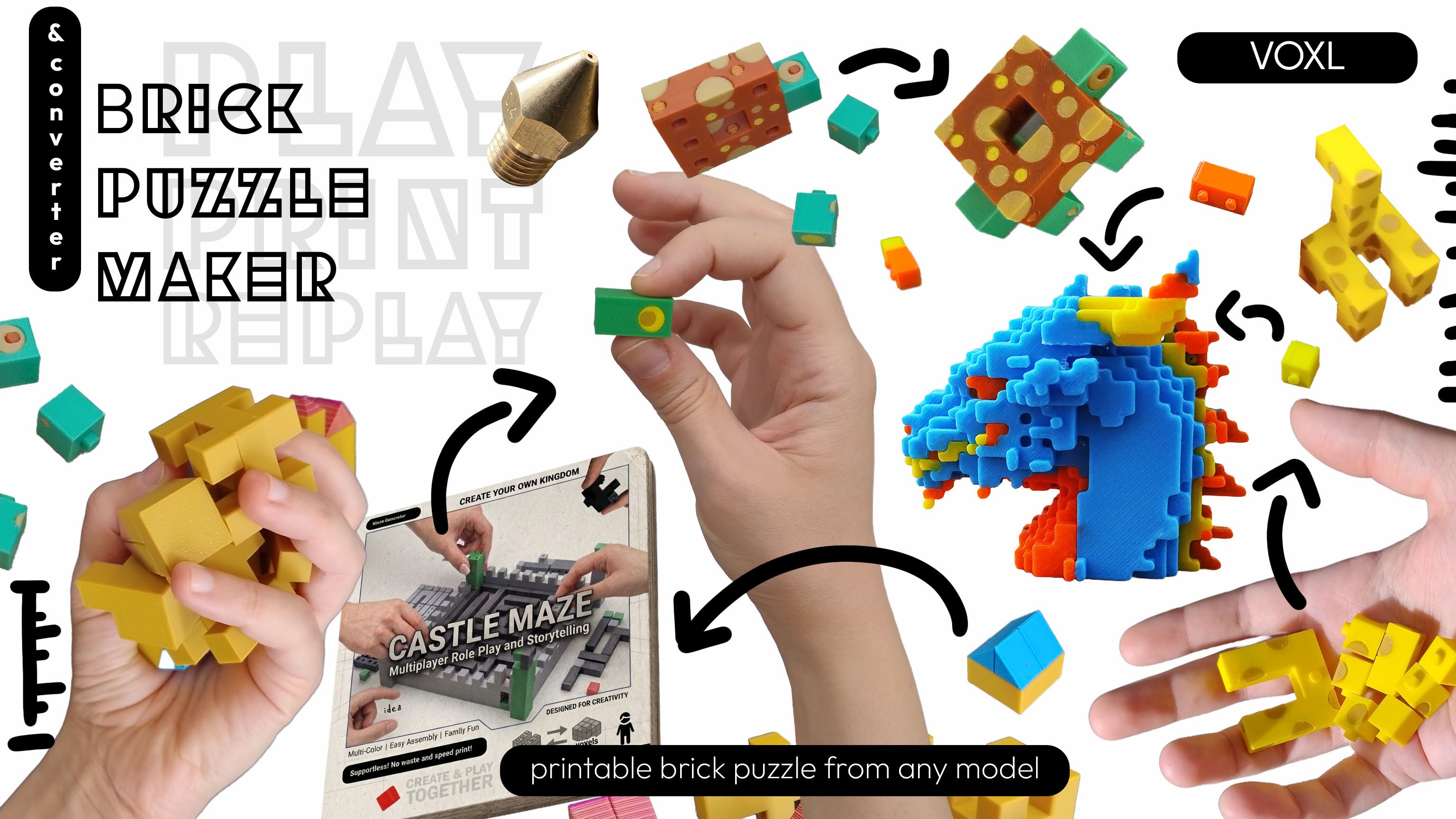 VOXL — Brick Puzzle Maker: printable brick puzzles from any model. 3D-printed puzzle bricks, a voxel dragon, and the Castle Maze set.